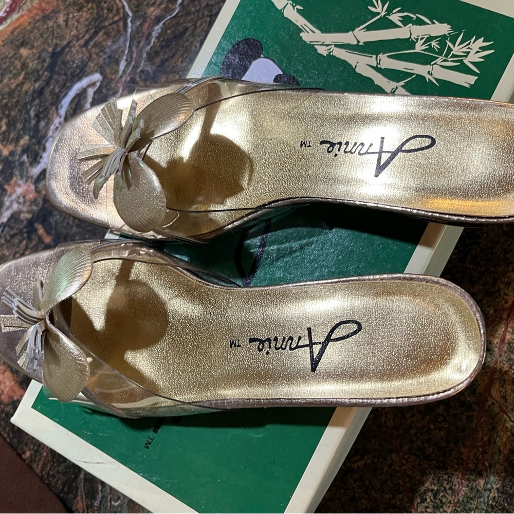 Annie Gold Women's Mules with Bow Accent, and Decorative Heel.